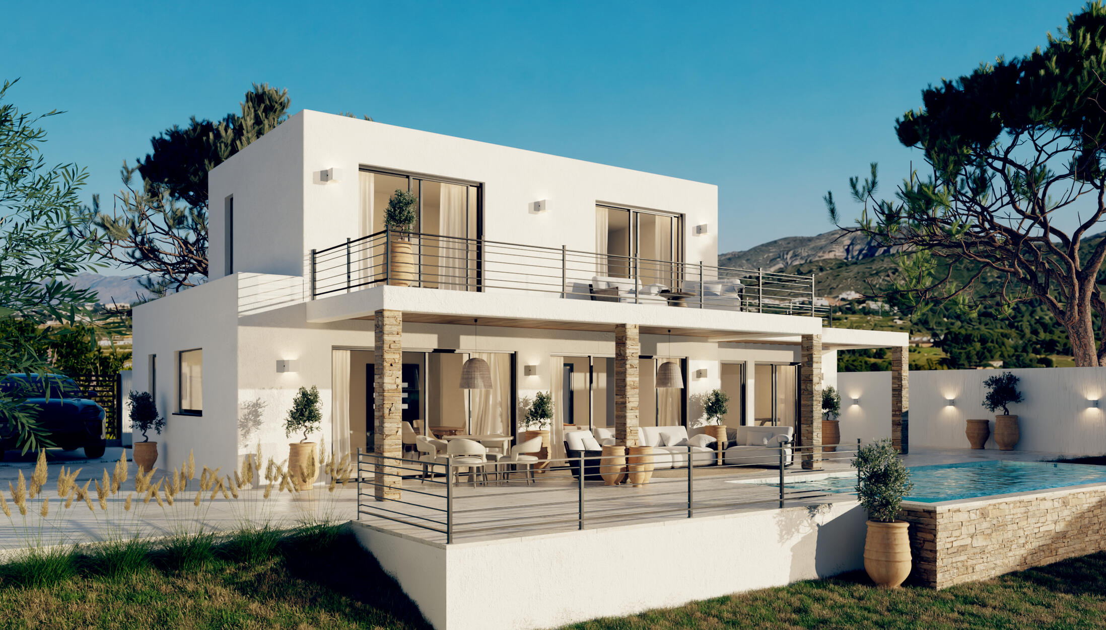 Exterior architectural rendering of a luxury Mediterranean villa with outdoor living area