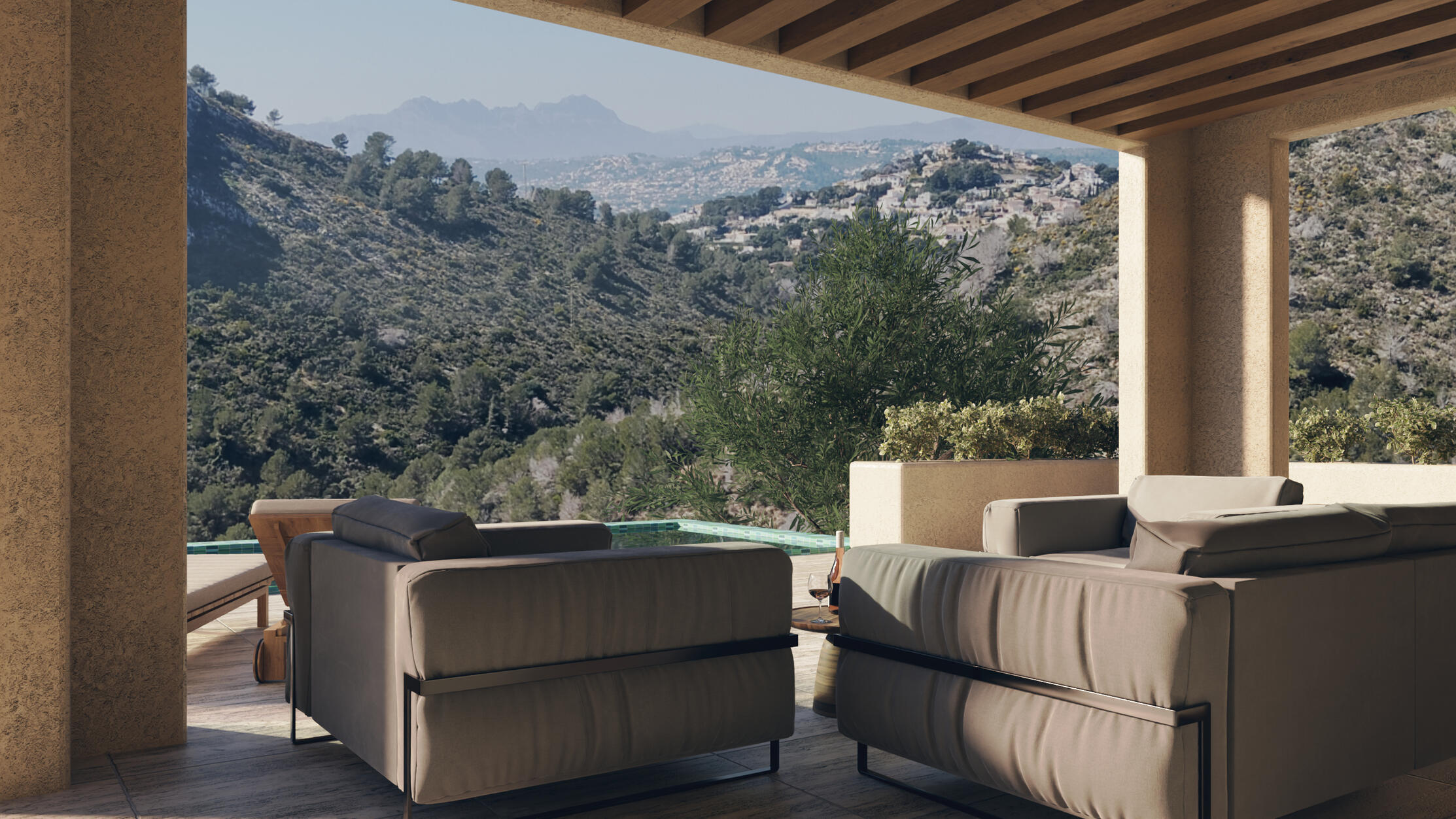 A covered Mediterranean terrace designed to connect indoor comfort with panoramic outdoor views. This 3D visualization captures the atmosphere of relaxed living, natural materials, and the unique landscape of the Costa Blanca — helping clients experience Realistic 3D visualization of a Mediterranean villa terrace with lounge seating and mountain views in Moraira, Costa Blanca