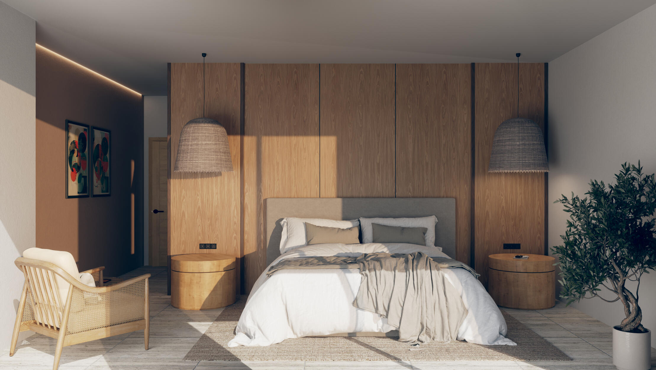 Warm, minimal bedroom visualization designed to capture natural light, materials and atmosphere for a Mediterranean villa on the Costa Blanca. Luxury Mediterranean bedroom 3D render with wooden wall panels, soft natural light and minimal interior design in a Costa Blanca villa.