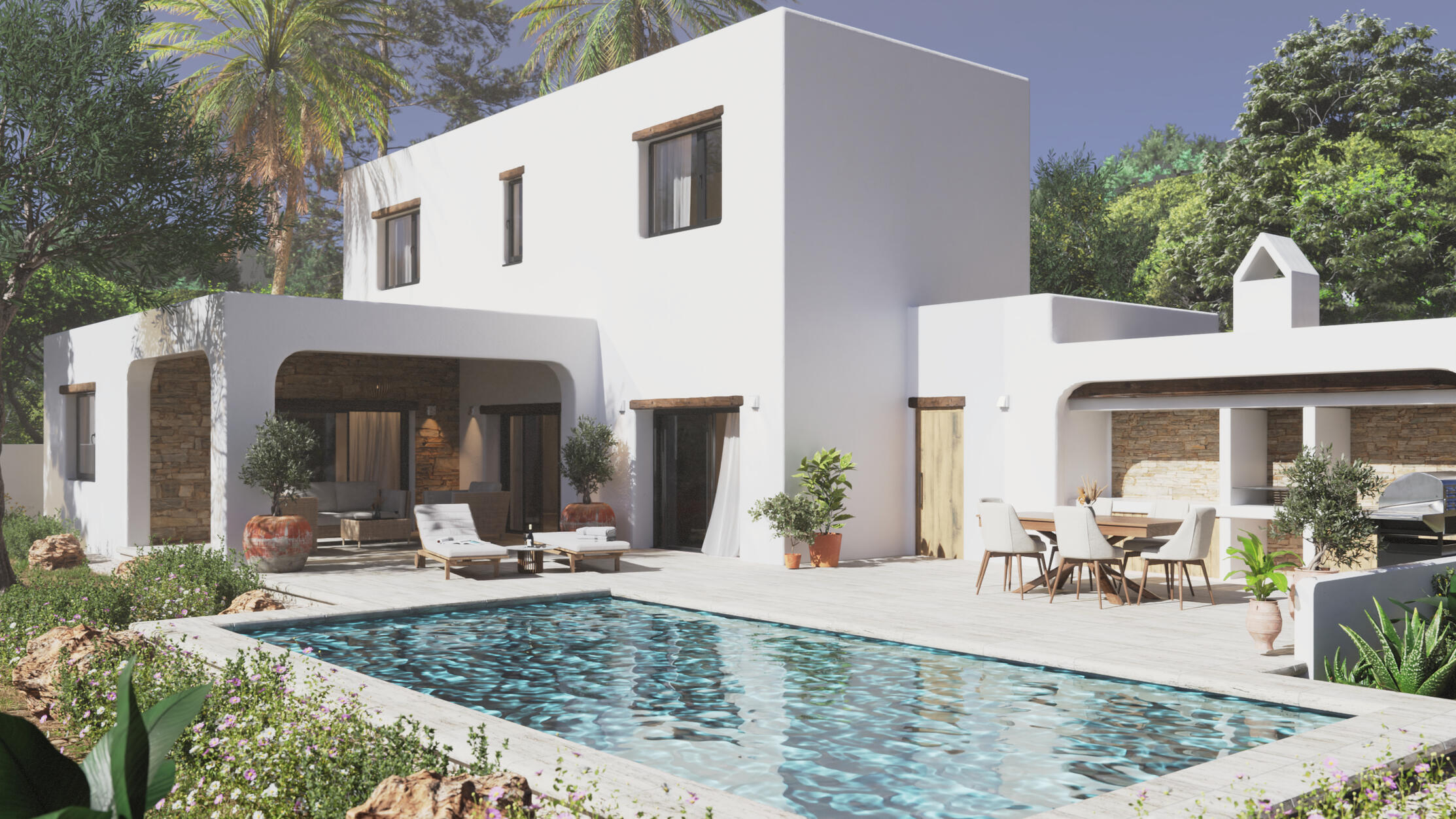 Exterior visualization of a luxury Mediterranean villa with pool and outdoor living area. Exterior architectural rendering of a luxury Mediterranean villa with outdoor living area