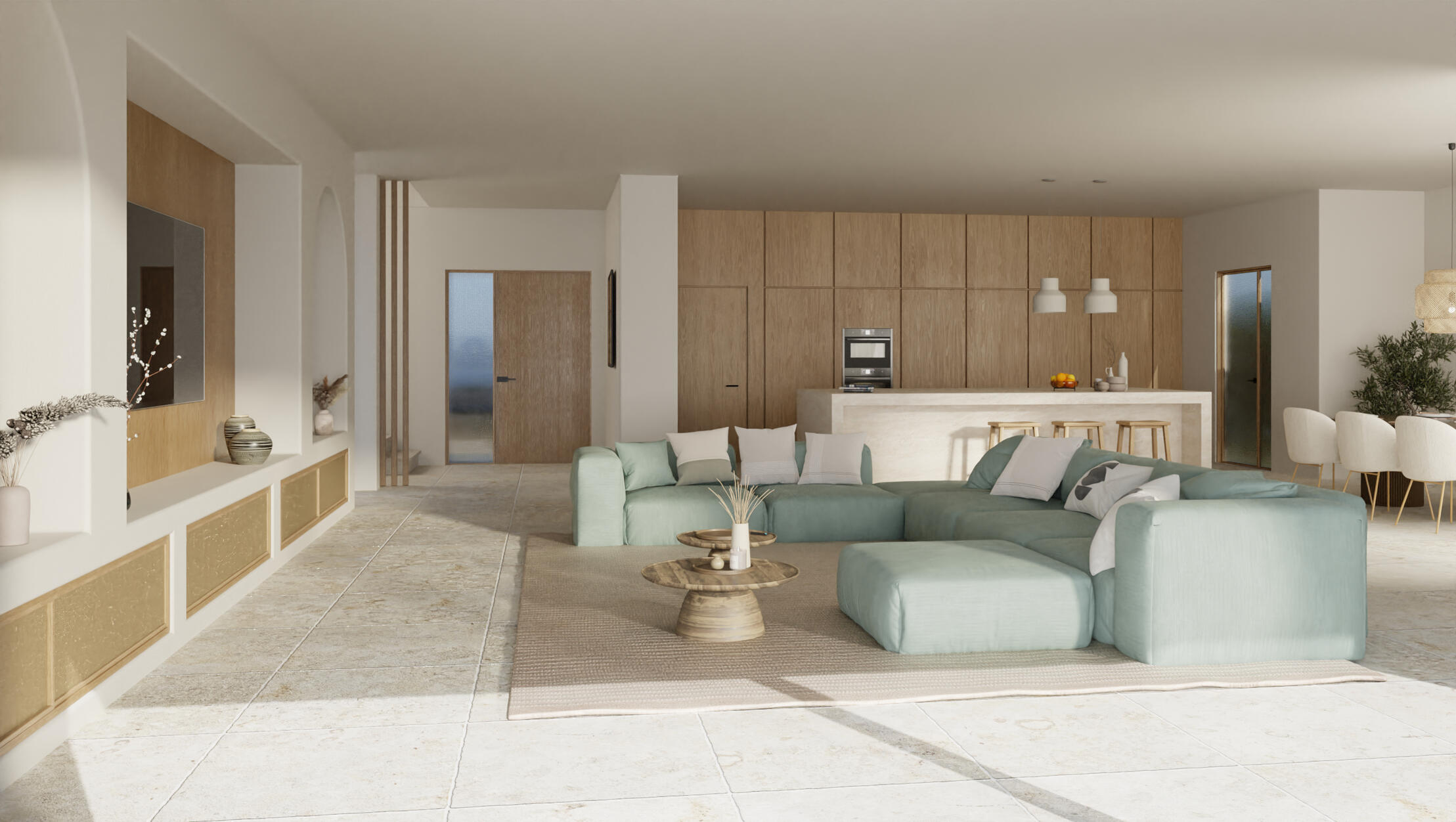 A warm and inviting Mediterranean living space, designed to reflect natural light, soft materials, and a calm architectural flow. This 3D visualization helps communicate the atmosphere and spatial quality of the project before construction begins. Realistic 3D visualization of a modern Mediterranean villa interior in Moraira