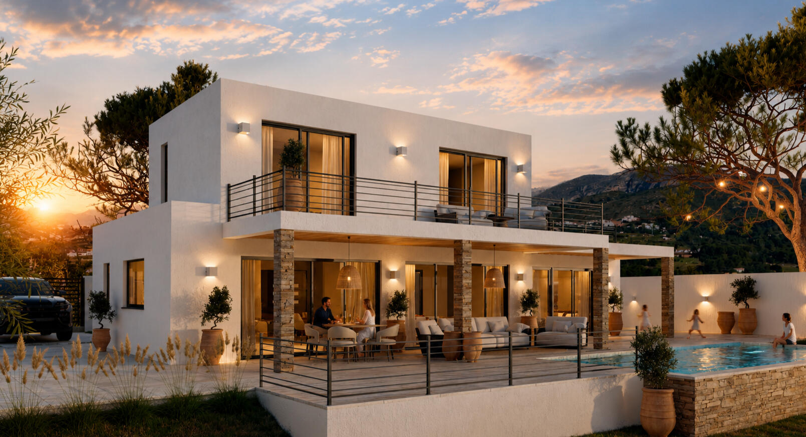 Modern Villa Living Luxury Mediterranean villa visualization at sunset with illuminated terraces, swimming pool and outdoor living spaces on the Costa Blanca.