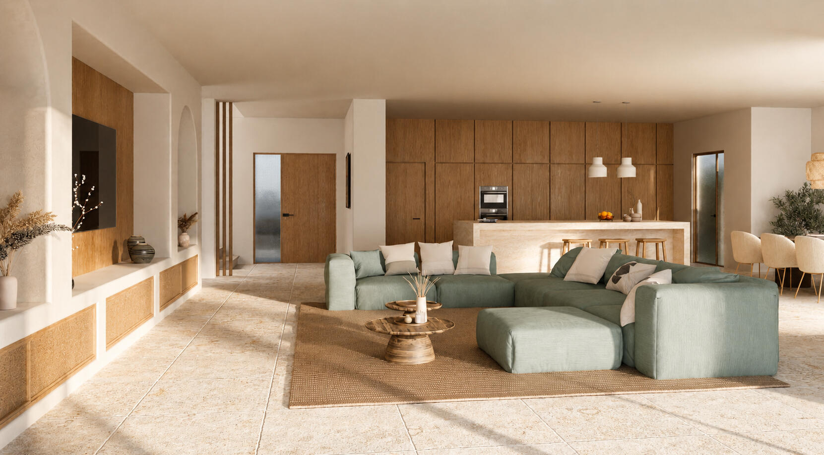 Mediterranean villa interior visualization with open-plan living room, natural wood kitchen, travertine flooring and contemporary Ibiza-inspired design.