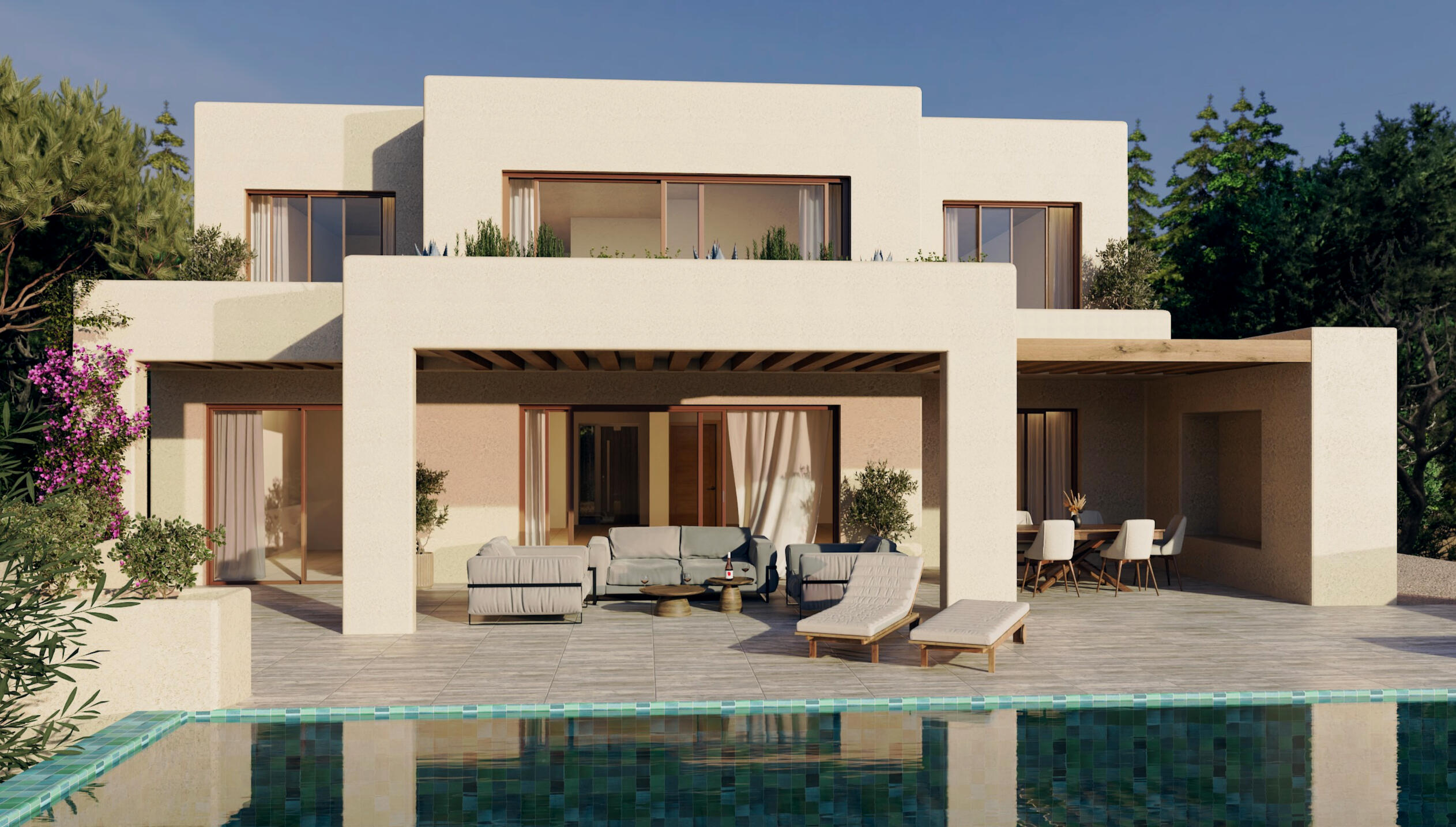 Mediterranean luxury villa retreat Mediterranean luxury villa visualization with swimming pool, pergola, outdoor lounge area and contemporary architecture inspired by Costa Blanca living.