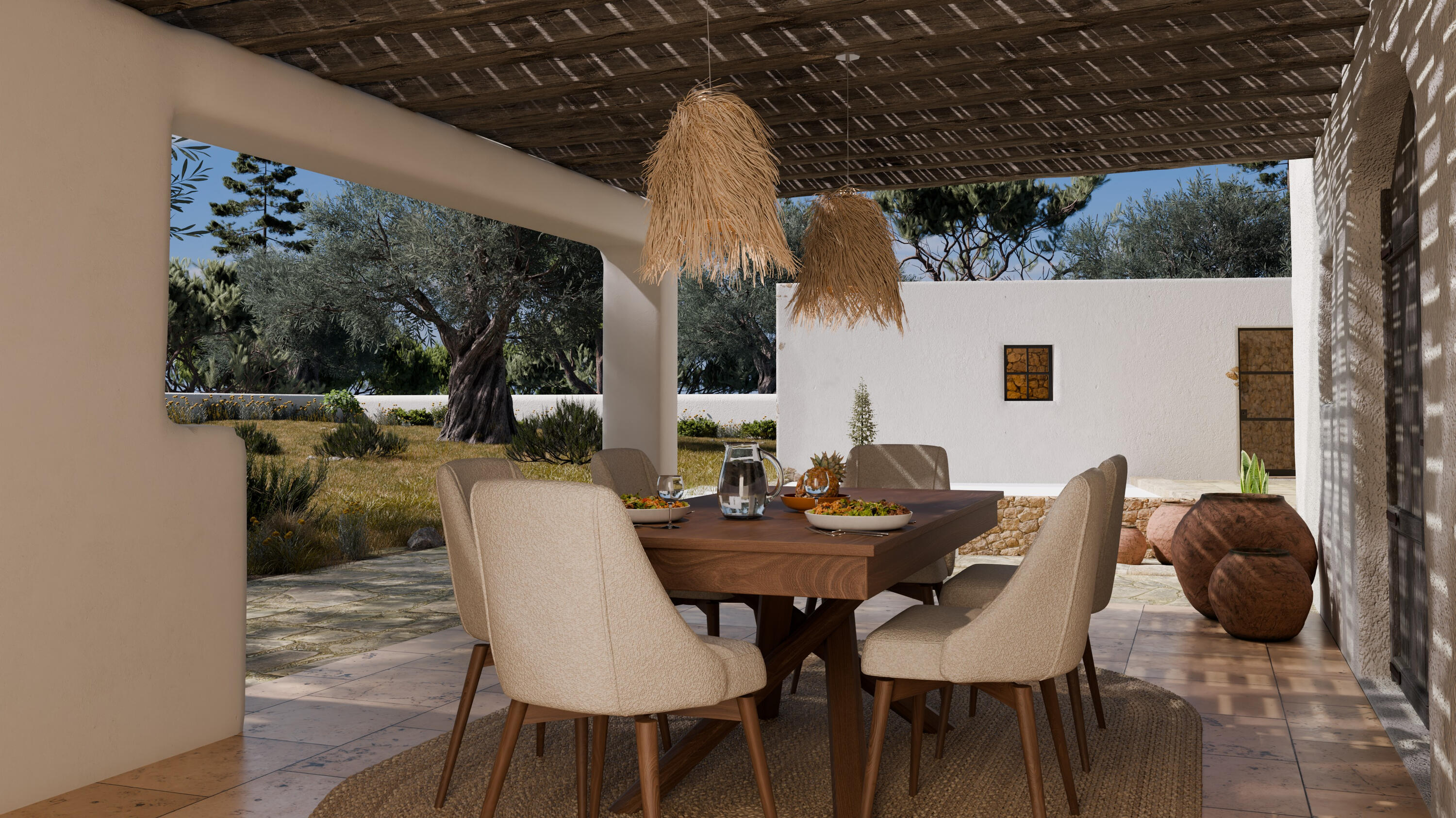 3D visualisation of an Ibiza-inspired open bathroom concept inspired by traditional Ibiza fincas. Natural stone, warm timber and soft plaster finishes bring character to a calm, light-filled space.